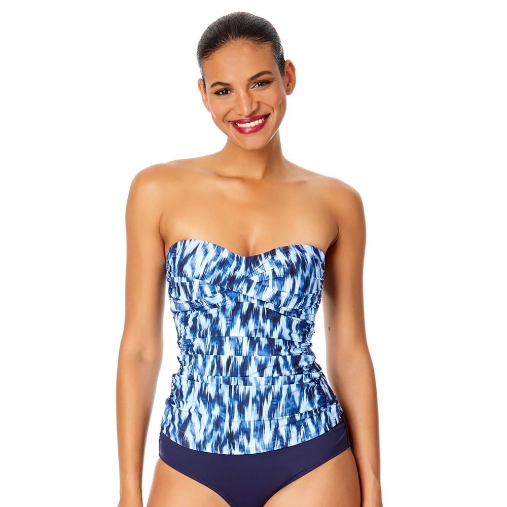 Anne Cole Blue White Abstract Ikat Twist Front Tankini Swim Top Womens Medium
